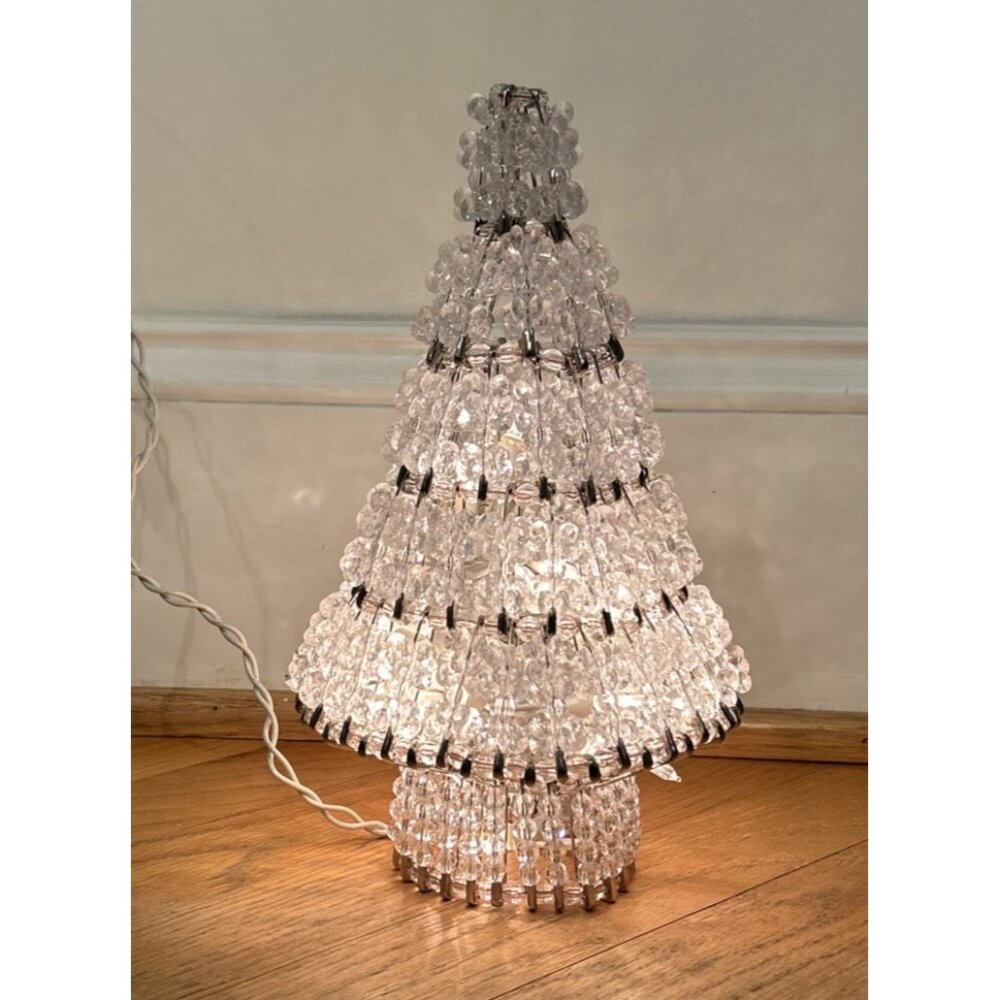 VTG Safety Pin Clear Beaded Christmas Tree Lighted Handmade Granny Core 11"